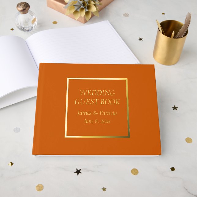 Livre D'or Mariage de lettres stylisé simple orange brûlé (Recto ouvert)