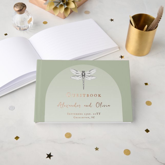 Livre D'or Mariage de libellules de Sage Green (Recto ouvert)
