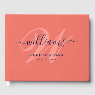Livre D'or Mariage de monogramme bleu marine et corail