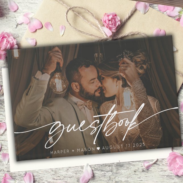 Livre D'or Mariage de monogramme de script élégant de photo m (Créateur téléchargé)