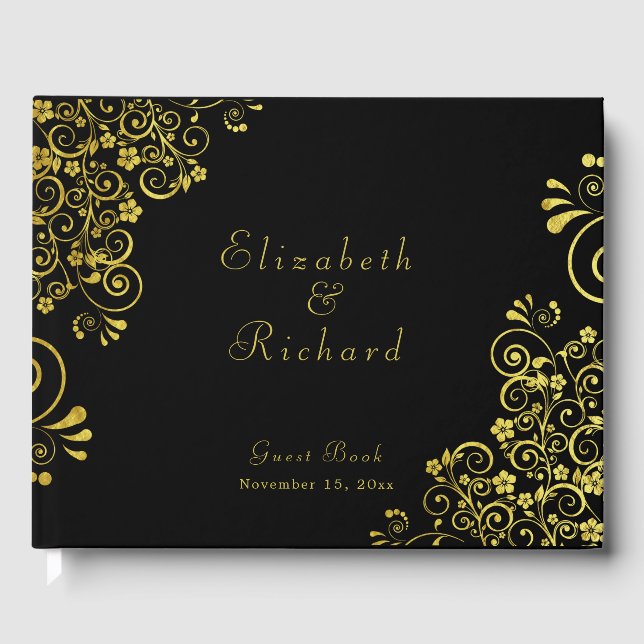 Livre D'or Mariage de script Elegant Black Gold (Recto)