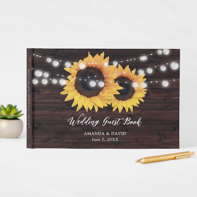 Livre D'or Mariage de tournesol en bois rustique personnalisé (Affichage in situ)