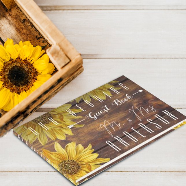 Livre D'or Mariage de tournesol jaune brillant en bois rustiq (Créateur téléchargé)