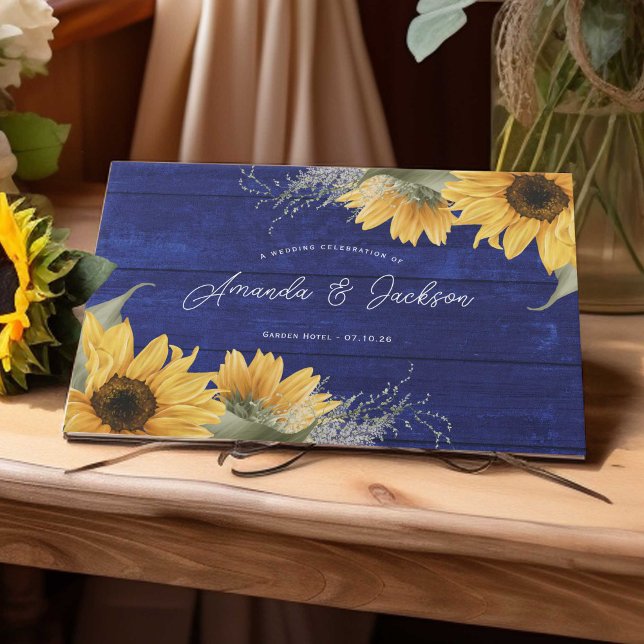 Livre D'or Mariage de tournesol rustique en bois bleu (Navy blue rustic watercolor sunflower themed wedding guestbook)