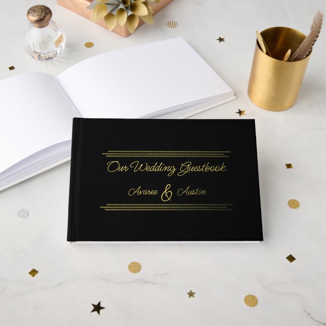 Livre D'or Mariage d'ornements noir et or (Recto ouvert)