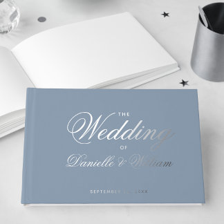 Livre D'or Mariage Écriture Calligraphique Simple Bleu Poussi