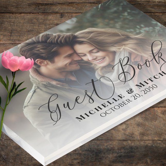 Livre D'or Mariage Elegant Calligraphie Photo noir et blanc (Wedding guest book with photo template. )