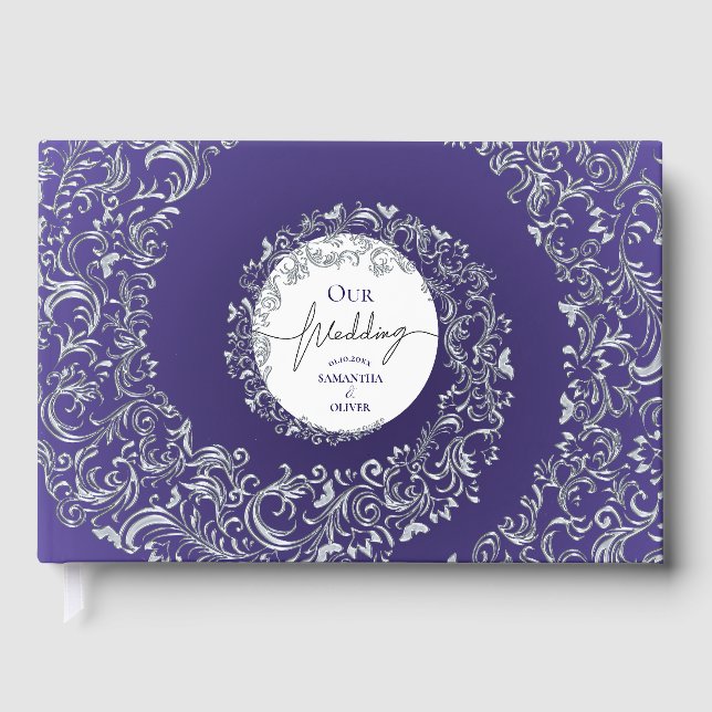 Livre D'or Mariage élégant damassé violet (Recto)