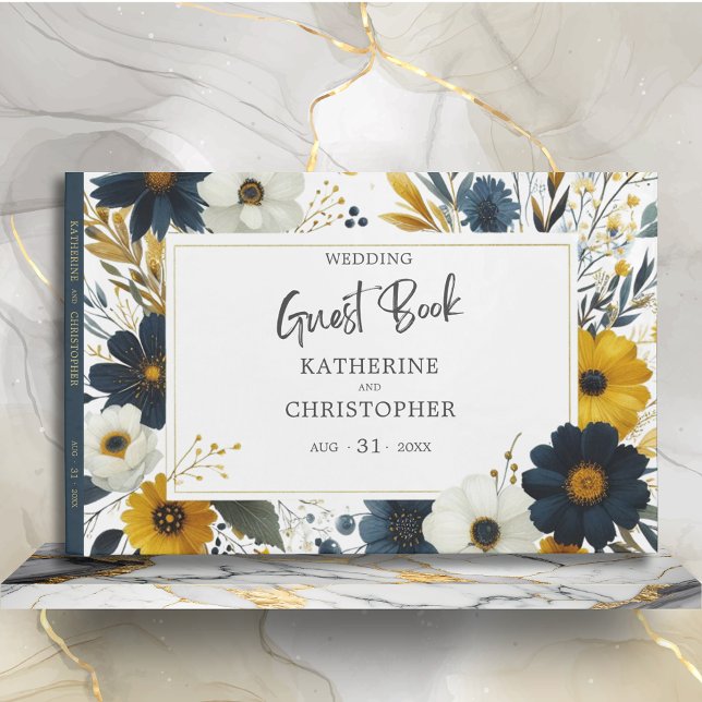 Livre D'or Mariage élégant Fleur sauvage jaune bleu (Blue Gold Wildflower Floral Wedding Guest Book)