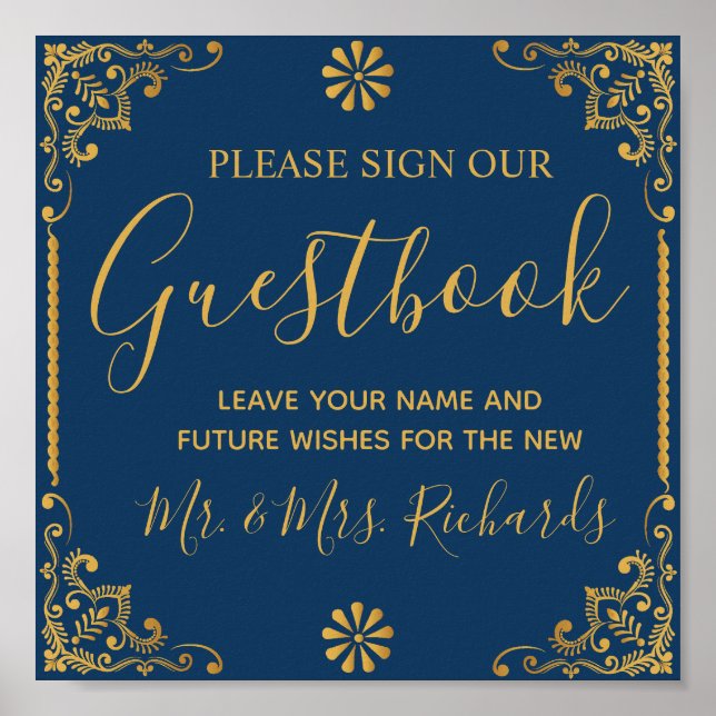 Livre d'or Mariage Elegant Marine Blue Gold Frame (Devant)