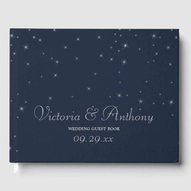 Livre D'or Mariage Elegant Marine & Silver Falling Stars (Recto)
