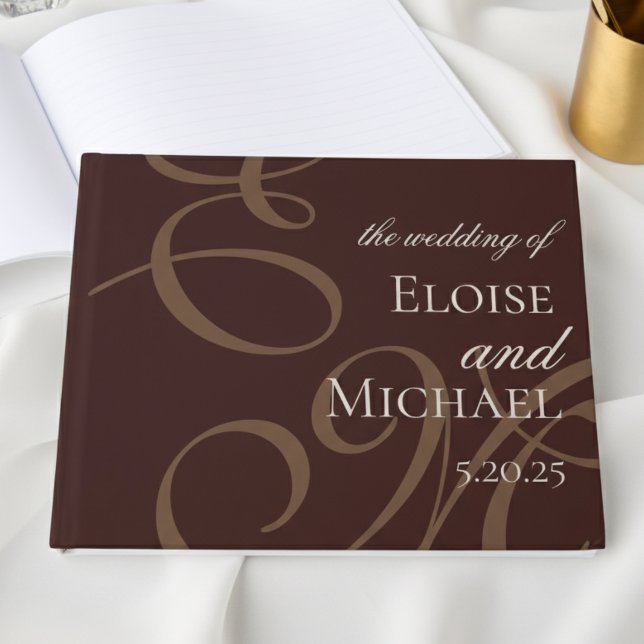 Livre D'or Mariage élégant marron calligraphie monogramme mod (Collect heartfelt messages and well wishes with this Mousse Brown Wedding Guest Book!)