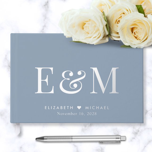 Livre D'or Mariage Élégant Monogramme Bleu Poussiéreux (Créateur téléchargé)