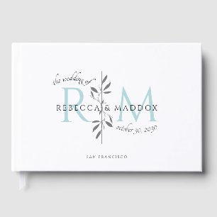 Livre D'or Mariage Élégant Monogramme Botanique Aqua