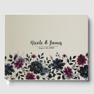 Livre D'or Mariage Fleur Bleu Minuit Bourgogne Amande