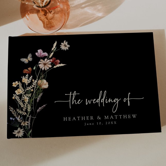 Livre D'or Mariage Fleur sauvage Boho noir (Watercolor Black Boho Wildflowers Wedding Guest Book Butterfly by Painted Paperie
)