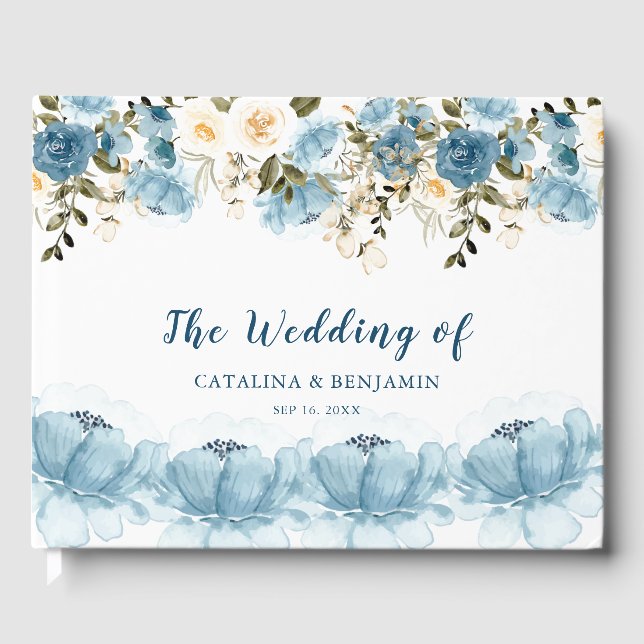 Livre D'or Mariage Fleurie Aquarelle Bleu Poussiéreux  (Recto)