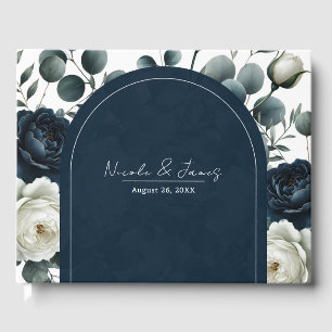 Livre D'or Mariage Fleurie Moderne Bleu Foncé & Blanc
