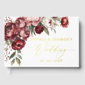 Livre D'or Mariage Floral Aquarelle Rouge Bourgogne