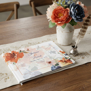 Livre D'or Mariage floral automnal à l'aquarelle orange et bl