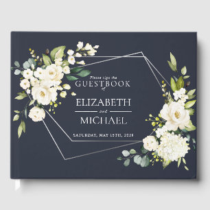 Livre D'or Mariage floral blanc blanc bleu marine géométrique