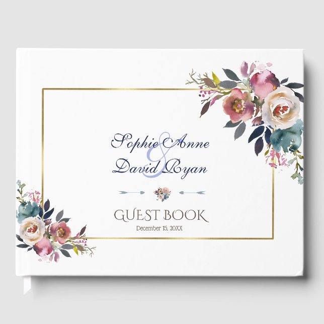 Livre D'or Mariage floral bleu doré rose (Recto)
