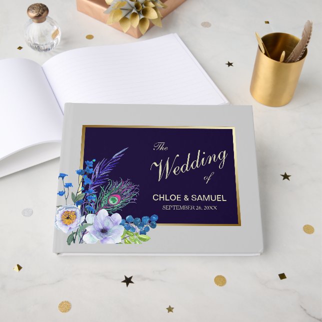 Livre D'or Mariage Floral Bleu Gold Frame (Recto ouvert)