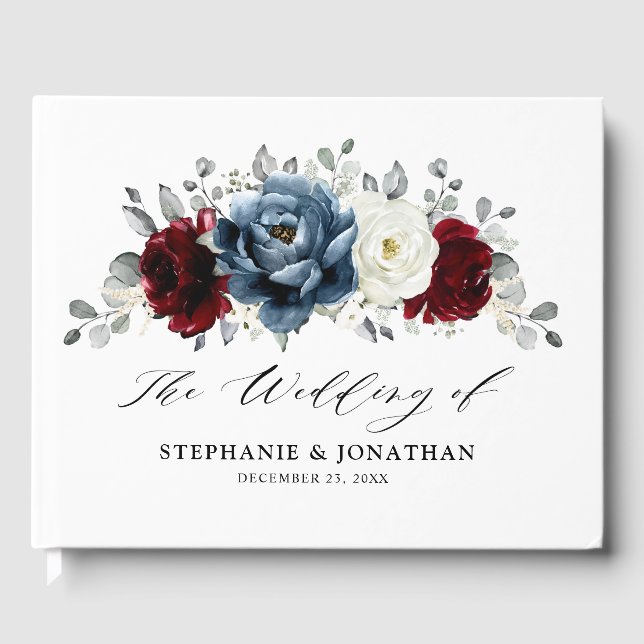 Livre D'or Mariage floral d'ivoire blanc bleu ardoise (Recto)