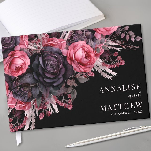 Livre D'or Mariage floral noir gothique (Gothic Black Floral Wedding Guest Book)