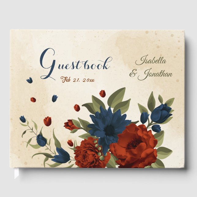 Livre D'or mariage floral orange brulé et bleu marine (Recto)