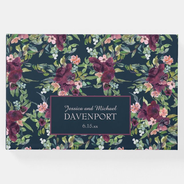 Livre D'or Mariage floral rose bleu marine Bourgogne (Devant)