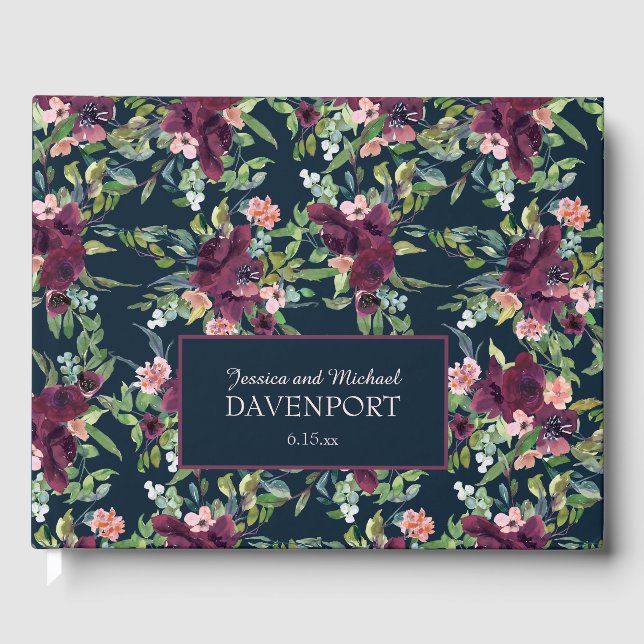 Livre D'or Mariage floral rose bleu marine Bourgogne (Recto)