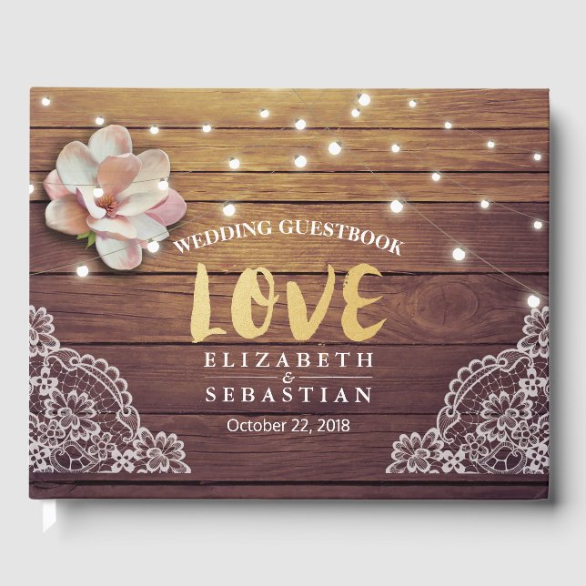 Livre d'or mariage Floral String Lights Wood Lace (Recto)