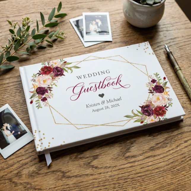 Livre D'or Mariage Géométrique Floral Rouge Bourgogne Or (Créateur téléchargé)