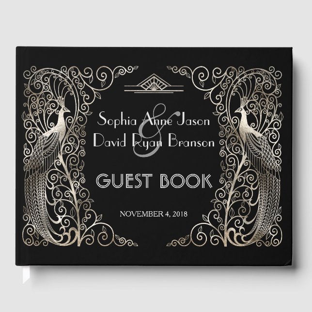 Livre D'or Mariage Glam Silver Art Déco Peacocks (Recto)