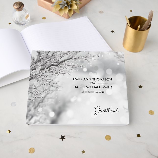 Livre D'or Mariage hivernal avec neige mousseuse et glace (Recto ouvert)