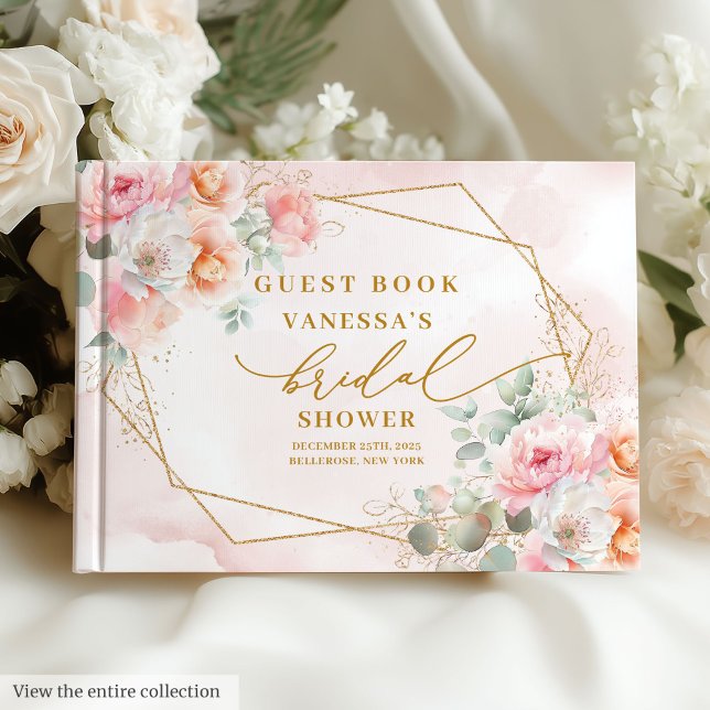 Livre D'or Mariage Luxueux Bohème Rose Pâle Fleurs Dorées (Luxury Boho Blush Gold Floral Bridal Shower Guest Book)