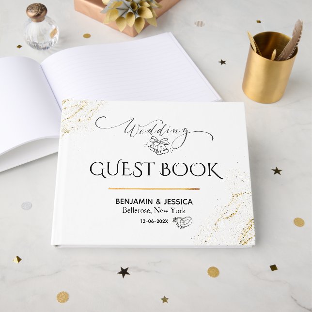 Livre D'or Mariage minimal blanc et or simple (Recto ouvert)