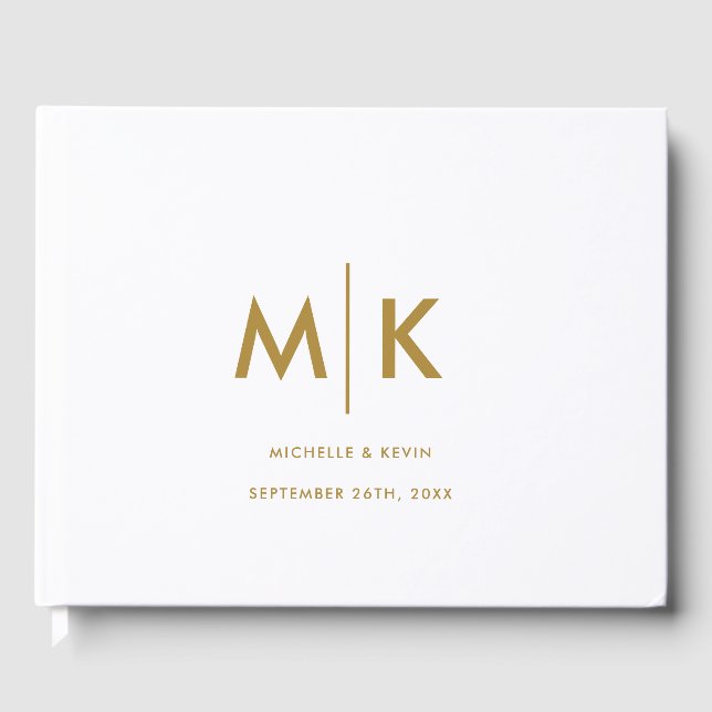 Livre D'or Mariage Moderne Luxueux Monogramme Blanc Or (Recto)