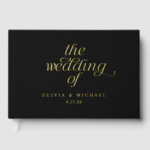 Livre D'or Mariage Moderne Noir avec Feuille d'Or