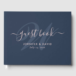 Livre D'or Mariage Monogramme bleu marine moderne et blanc