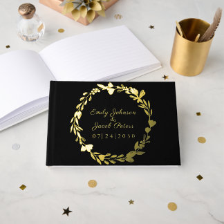 Livre D'or Mariage noir élégant à fleurs d'or