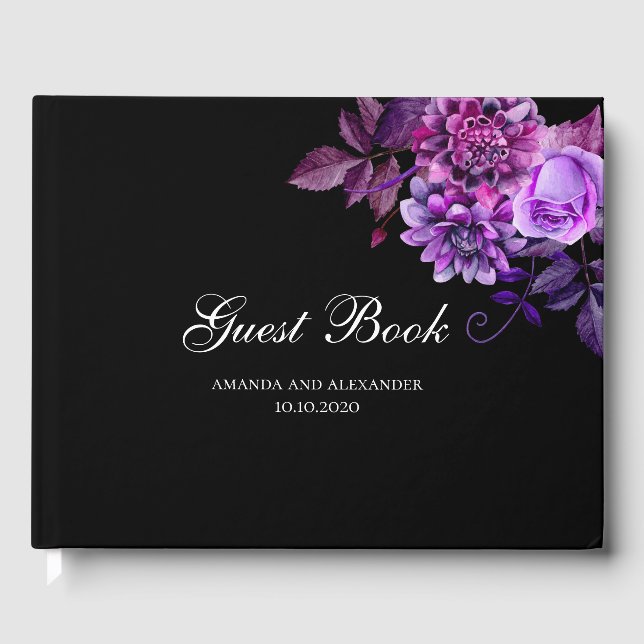 Livre D'or Mariage noir et violet. Aquarelle florale (Recto)