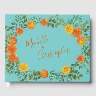 Livre D'or Mariage Orange & Aqua Floral Moderne