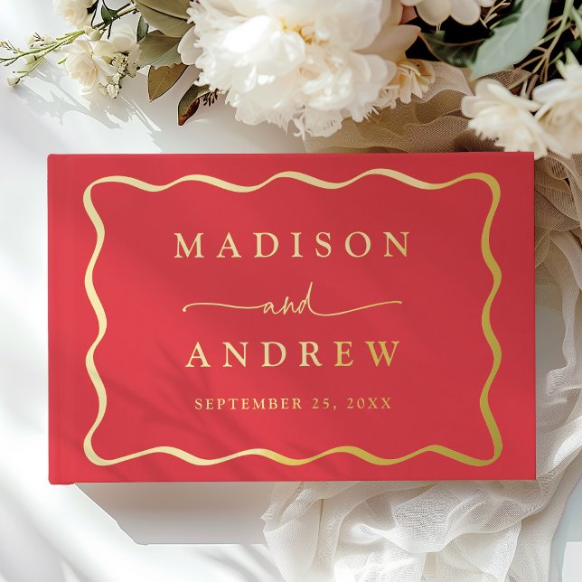 Livre D'or Mariage photo moderne Red et Gold Wavy (Créateur téléchargé)