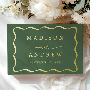 Livre D'or Mariage photo moderne vert et or Wavy Frame