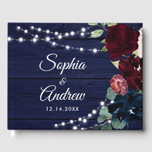 Livre D'or Mariage Rustic Wood Marsala & Navy Blue Flowers