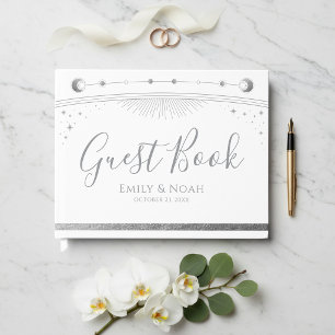 Livre D'or Mariage Soleil Lune Étoiles Argent Blanc Céleste