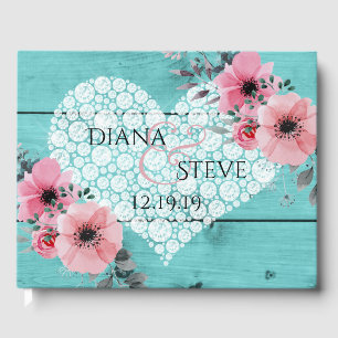 Livre D'or Mariage turquoise Coeur diamant Bois Rustique Rose