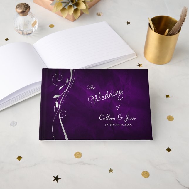Livre D'or Mariage violet profond à feuille d'argent (Recto ouvert)